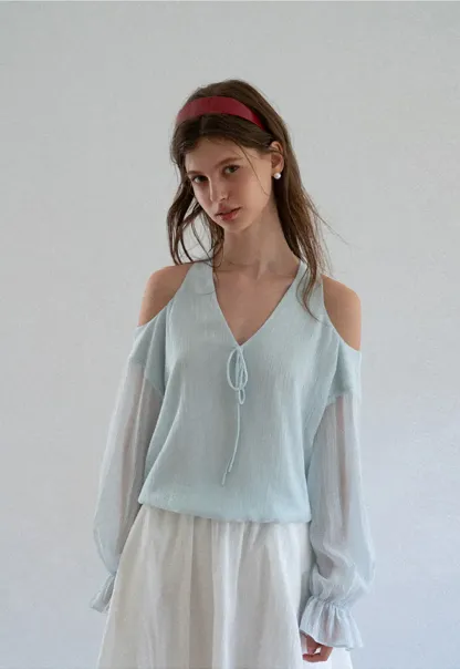 Cold Shoulder V Neck Long Sleeve Lace Chiffon Blouse