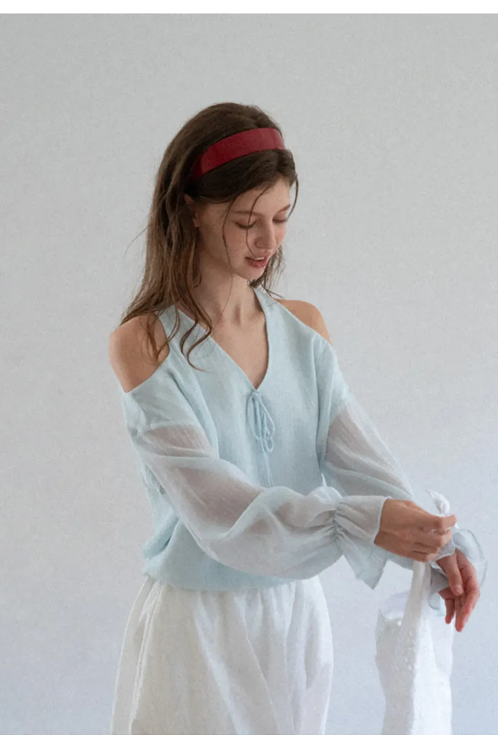 Cold Shoulder V Neck Long Sleeve Lace Chiffon Blouse