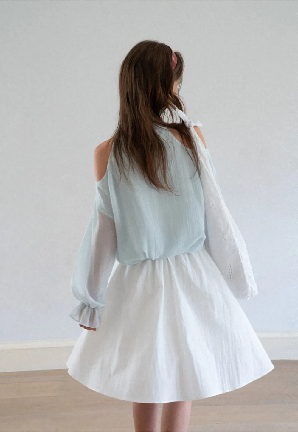 Cold Shoulder V Neck Long Sleeve Lace Chiffon Blouse