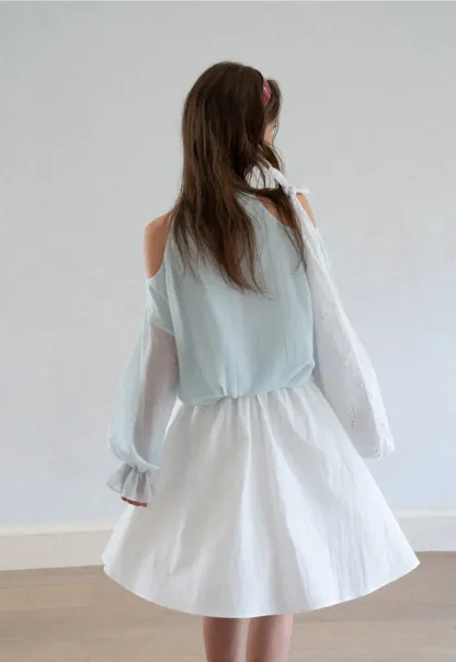 Cold Shoulder V Neck Long Sleeve Lace Chiffon Blouse