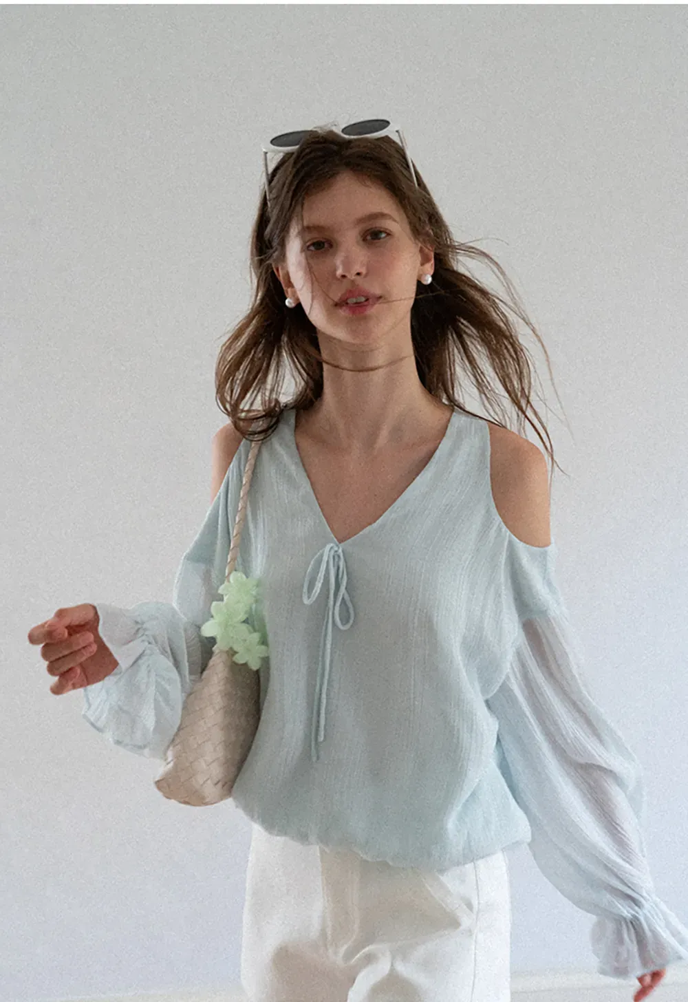 Cold Shoulder V Neck Long Sleeve Lace Chiffon Blouse