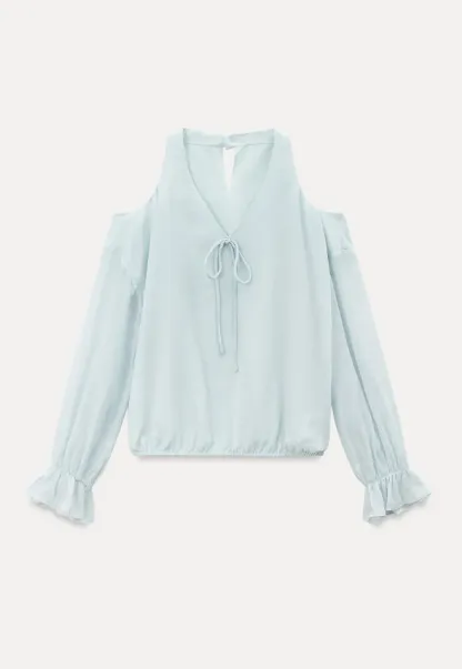 Cold Shoulder V Neck Long Sleeve Lace Chiffon Blouse