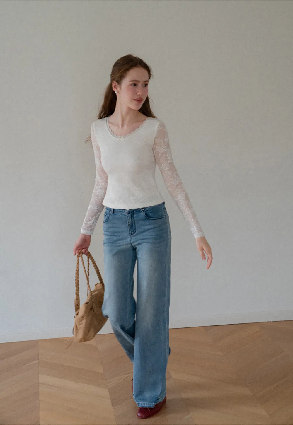 Lace Long Sleeve V Neck Blouse