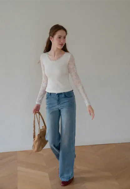 Lace Long Sleeve V Neck Blouse
