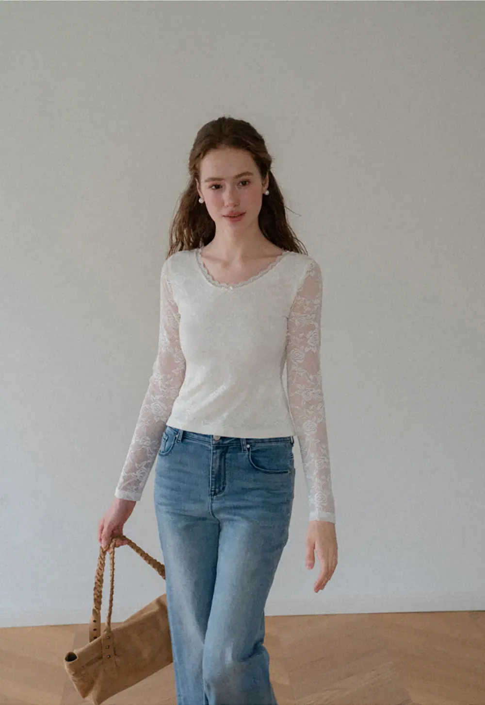 Lace Long Sleeve V Neck Blouse