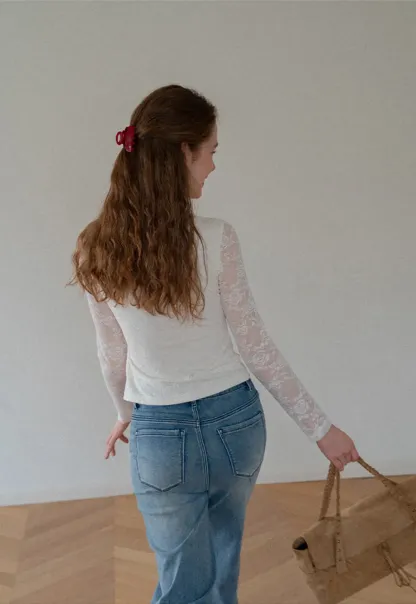 Lace Long Sleeve V Neck Blouse