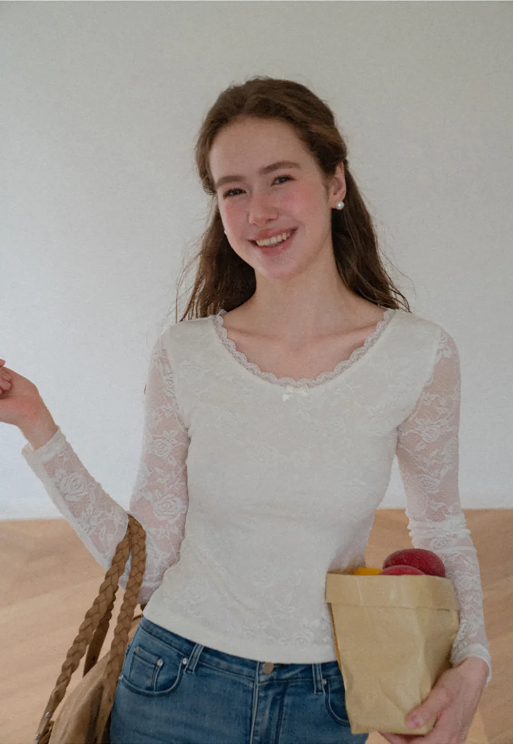 Lace Long Sleeve V Neck Blouse