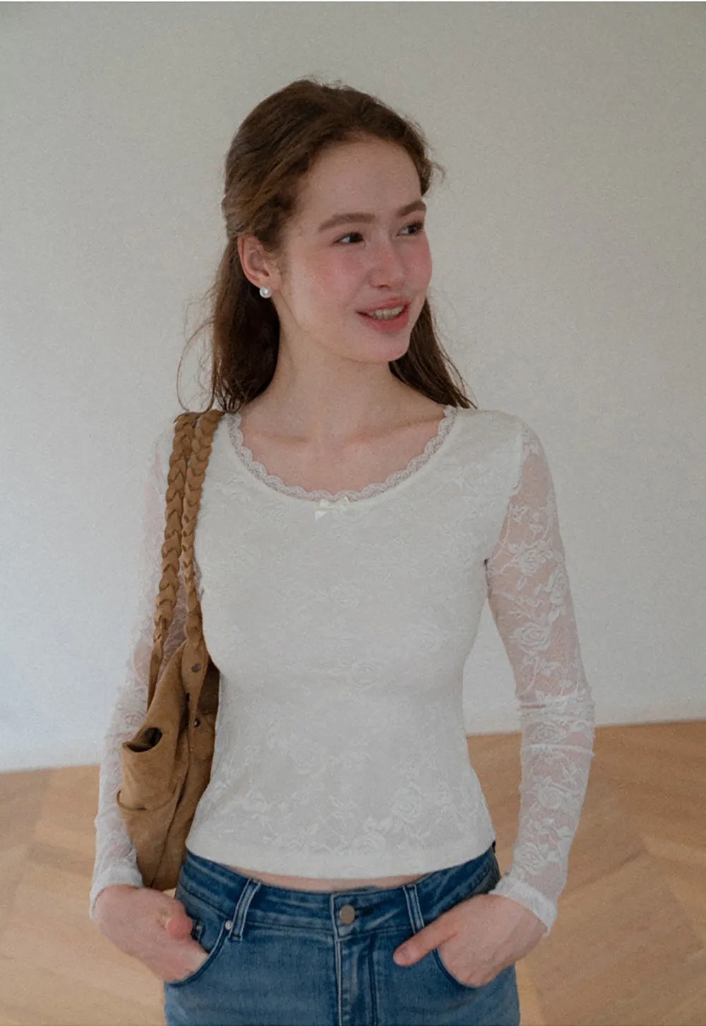Lace Long Sleeve V Neck Blouse