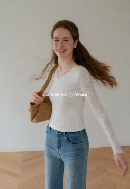 Lace Long Sleeve V Neck Blouse