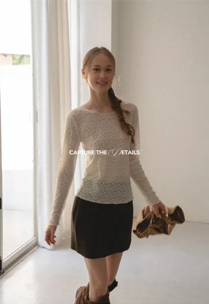 Sheer Lace Pattern Long Sleeve Blouse