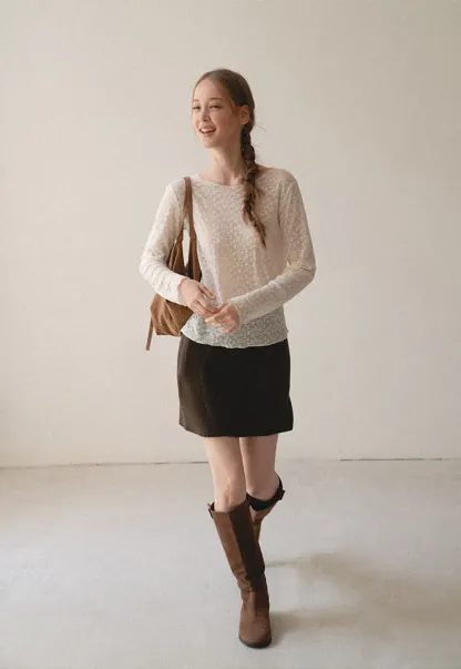 Sheer Lace Pattern Long Sleeve Blouse