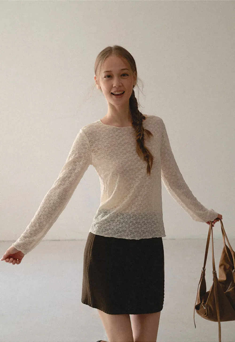 Sheer Lace Pattern Long Sleeve Blouse