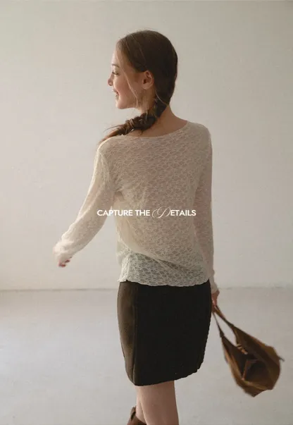 Sheer Lace Pattern Long Sleeve Blouse