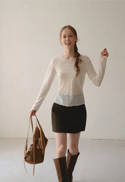 Sheer Lace Pattern Long Sleeve Blouse
