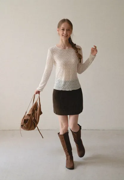 Sheer Lace Pattern Long Sleeve Blouse
