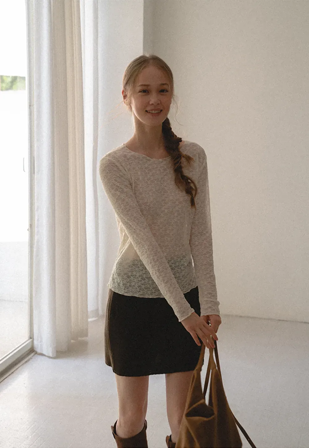 Sheer Lace Pattern Long Sleeve Blouse