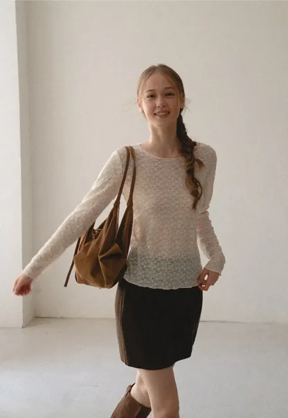 Sheer Lace Pattern Long Sleeve Blouse