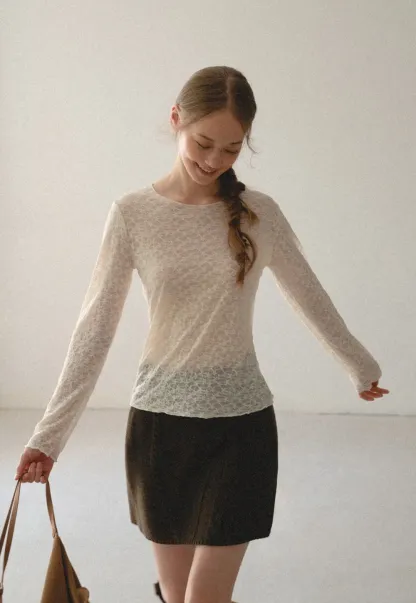 Sheer Lace Pattern Long Sleeve Blouse