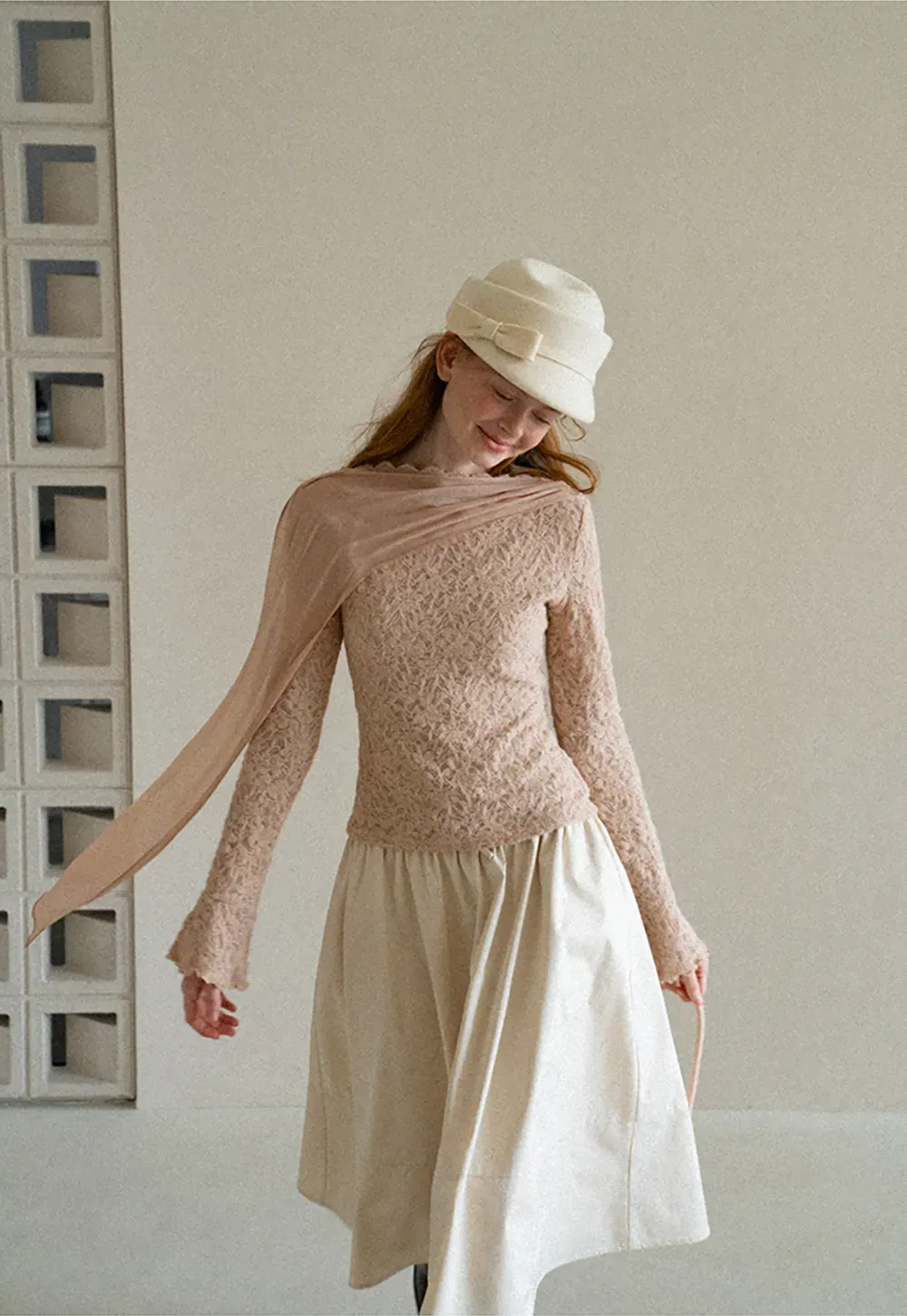 Lace Panel Draped Sleeve Blouse