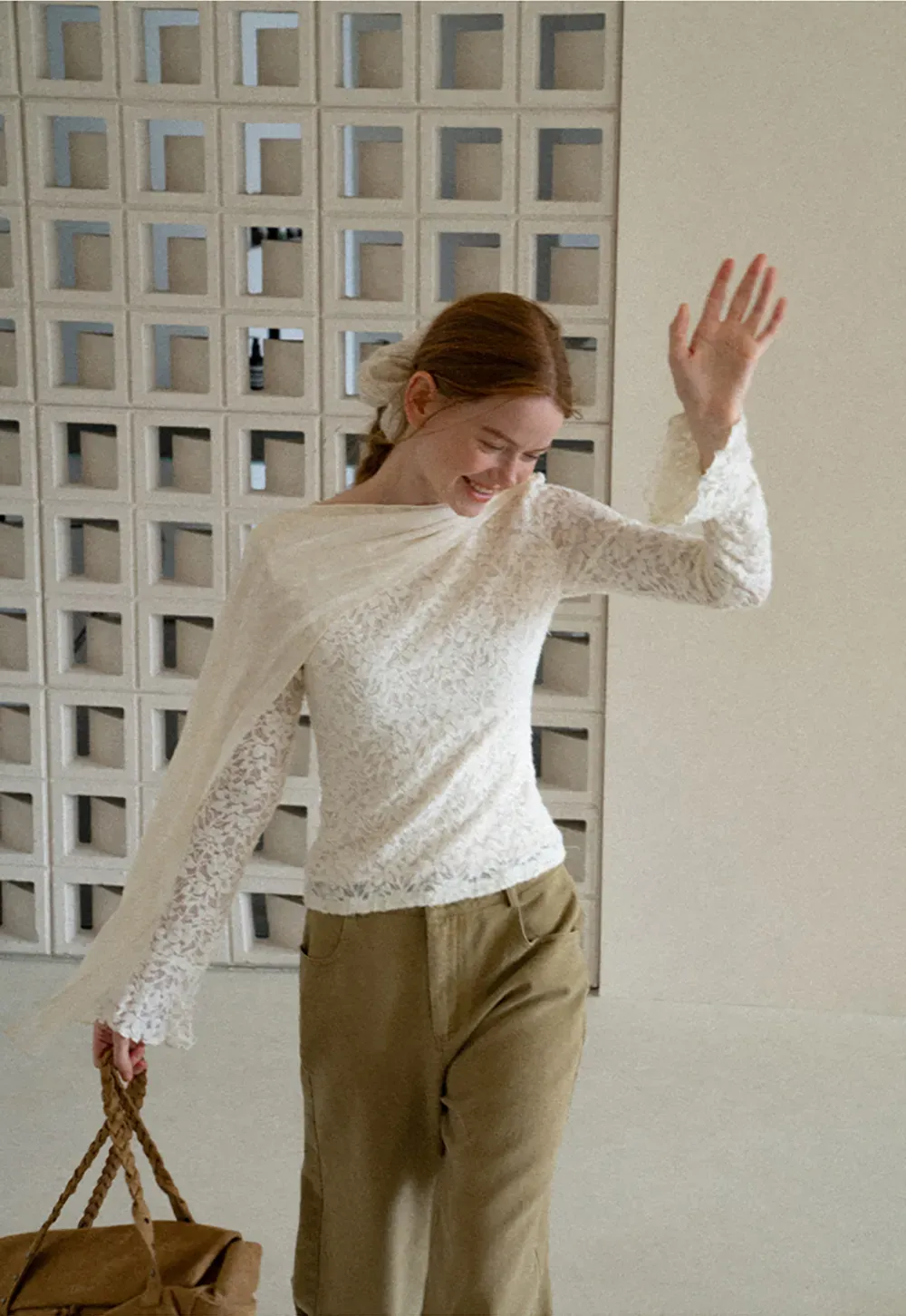 Lace Panel Draped Sleeve Blouse