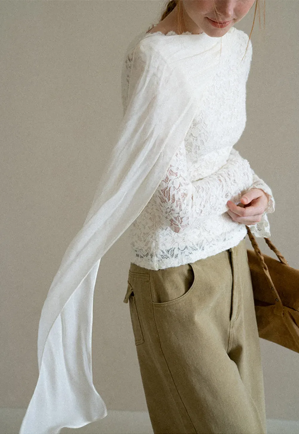 Lace Panel Draped Sleeve Blouse