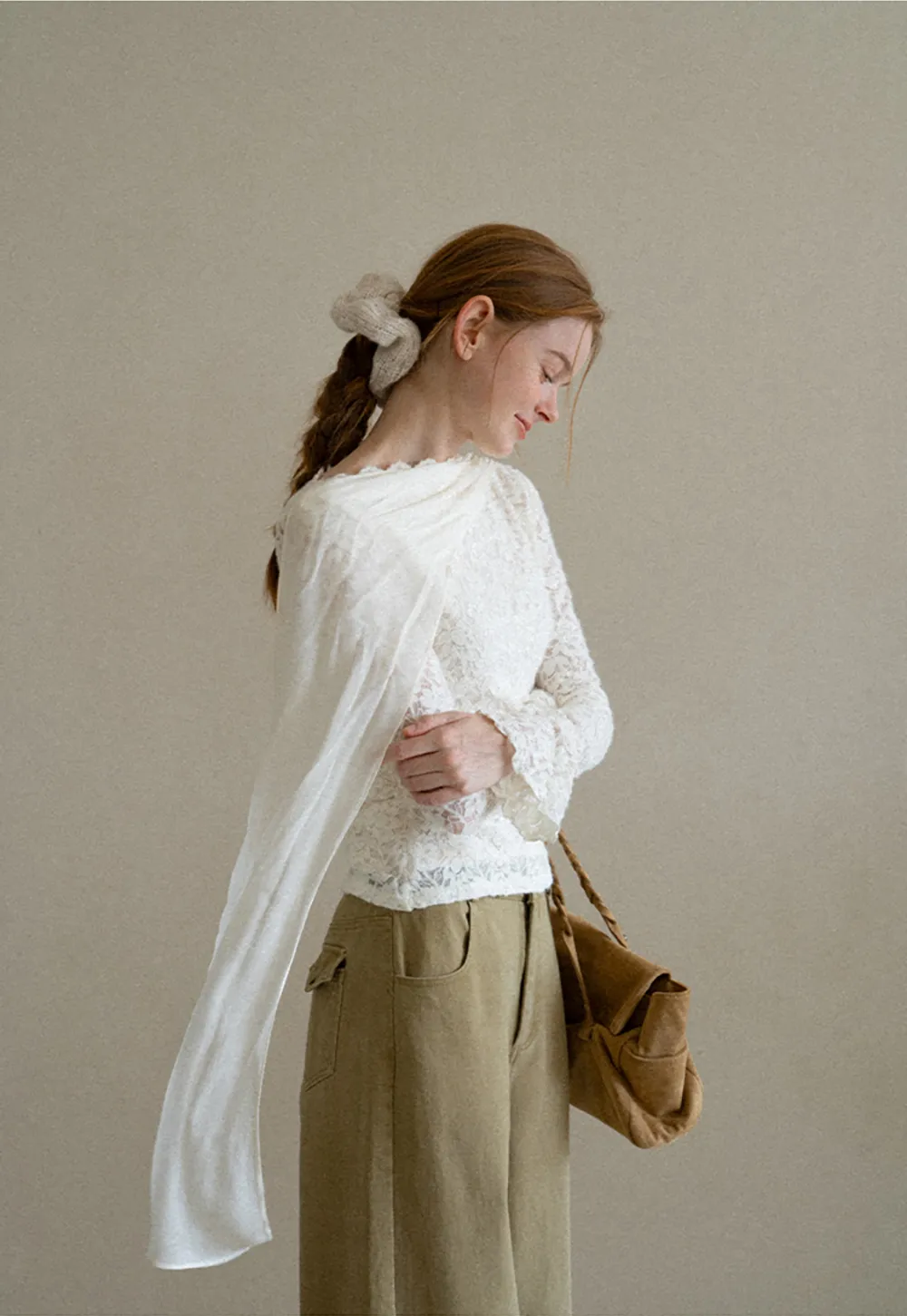 Lace Panel Draped Sleeve Blouse