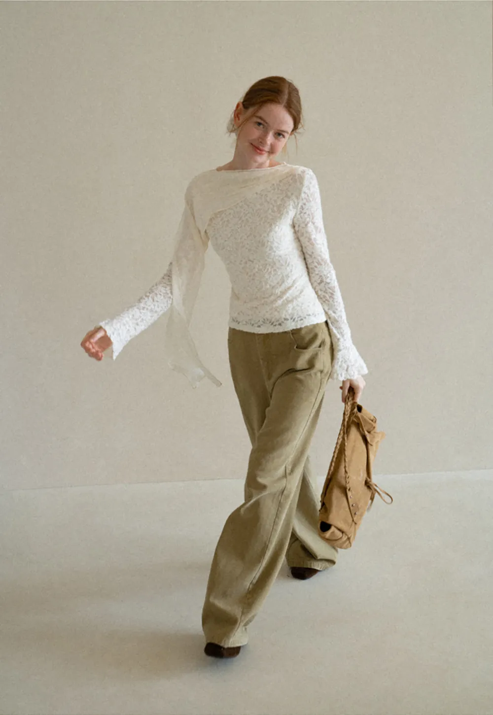 Lace Panel Draped Sleeve Blouse