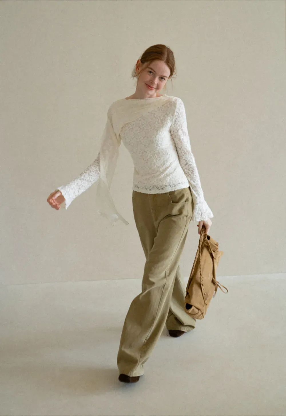 Lace Panel Draped Sleeve Blouse