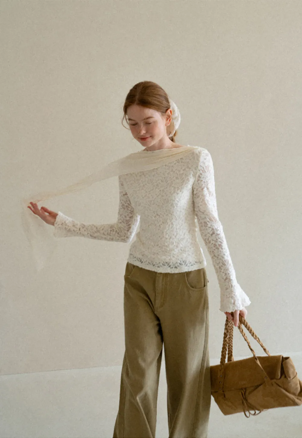 Lace Panel Draped Sleeve Blouse