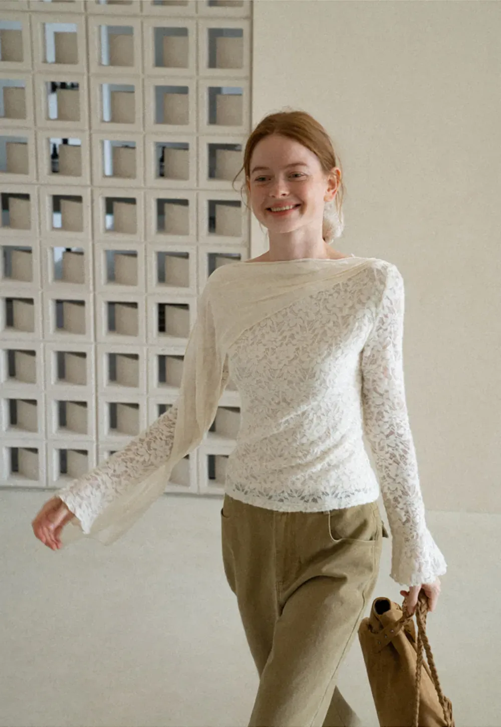 Lace Panel Draped Sleeve Blouse