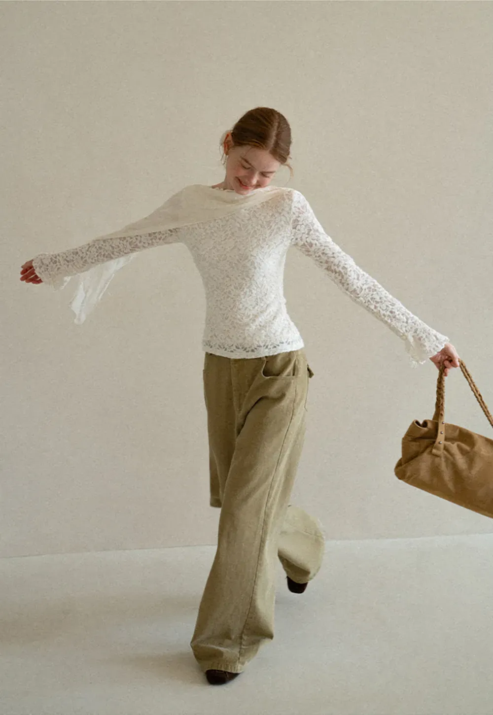 Lace Panel Draped Sleeve Blouse