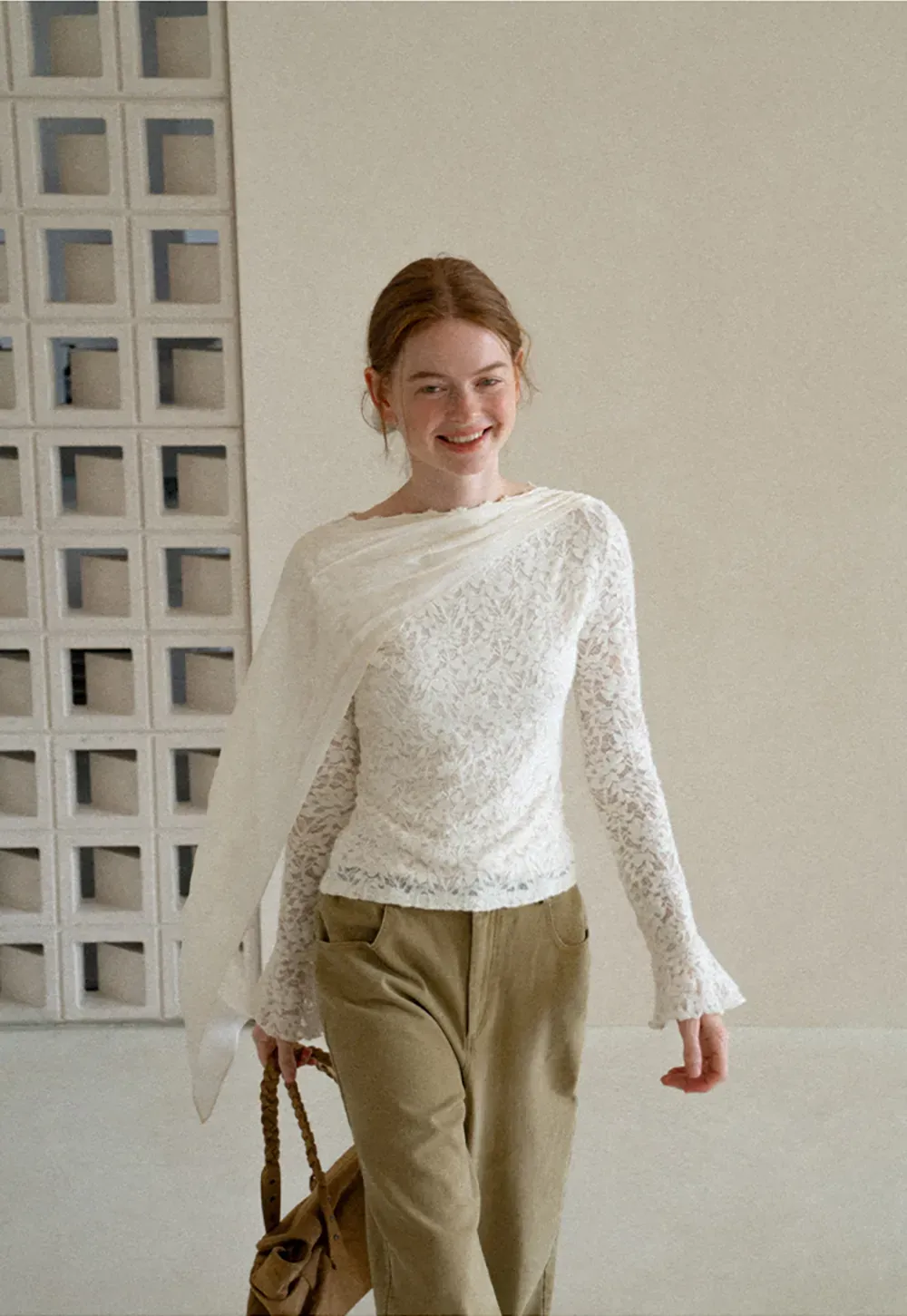 Lace Panel Draped Sleeve Blouse