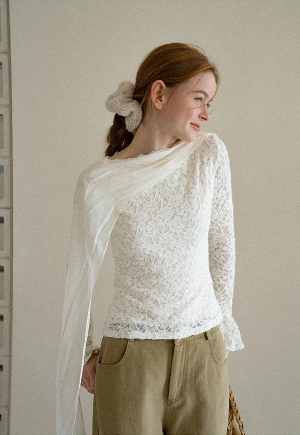 Lace Panel Draped Sleeve Blouse