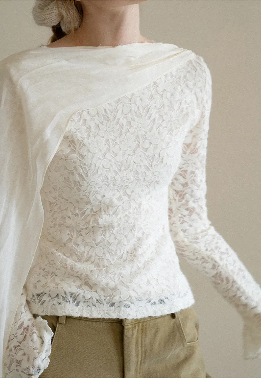Lace Panel Draped Sleeve Blouse