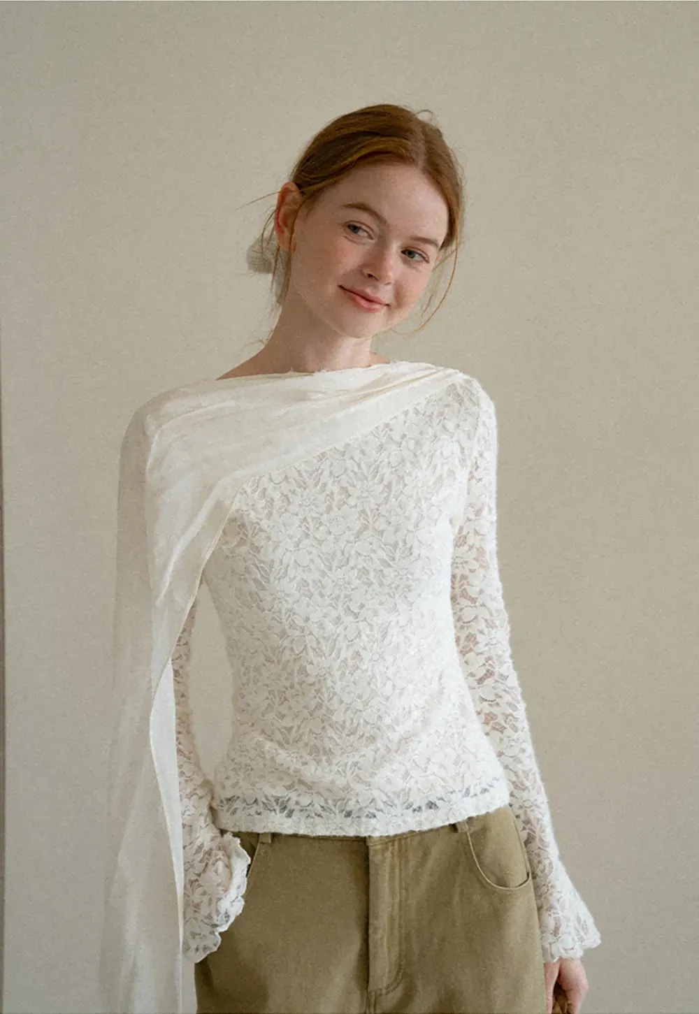 Lace Panel Draped Sleeve Blouse