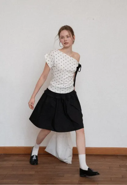 Polka dot one shoulder top with bow detail