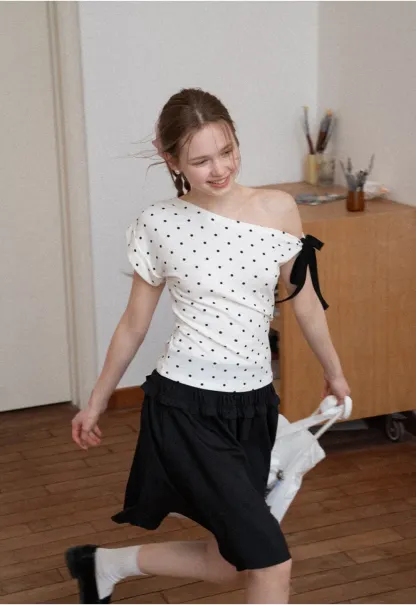 Polka dot one shoulder top with bow detail