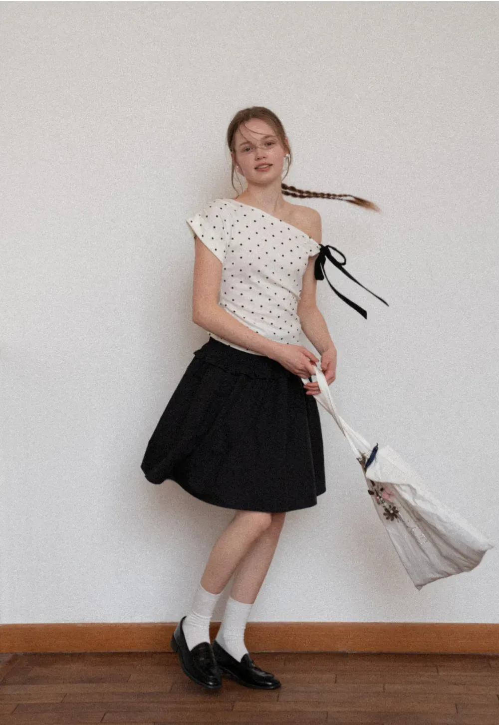 Polka dot one shoulder top with bow detail