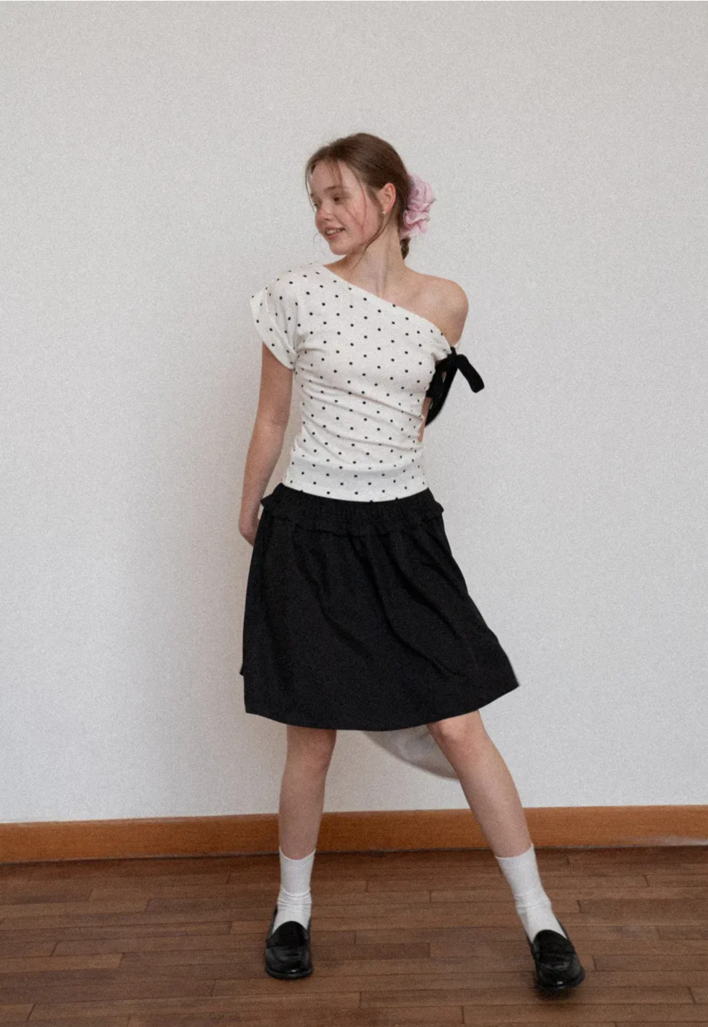 Polka dot one shoulder top with bow detail
