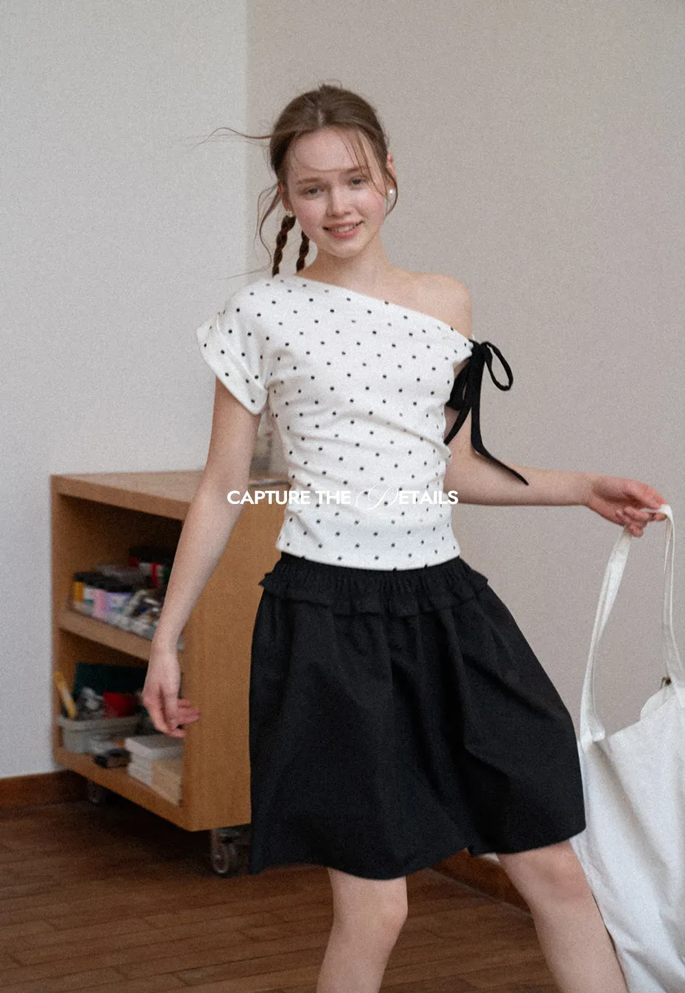 Polka dot one shoulder top with bow detail