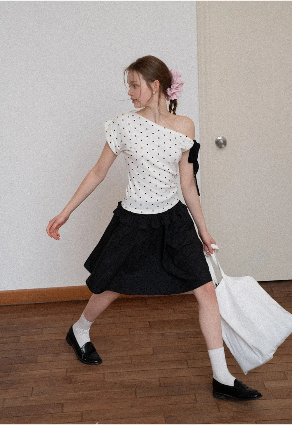 Polka dot one shoulder top with bow detail