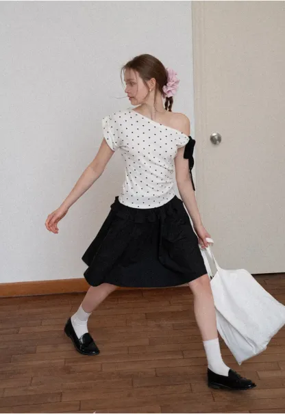 Polka dot one shoulder top with bow detail