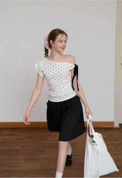 Polka dot one shoulder top with bow detail