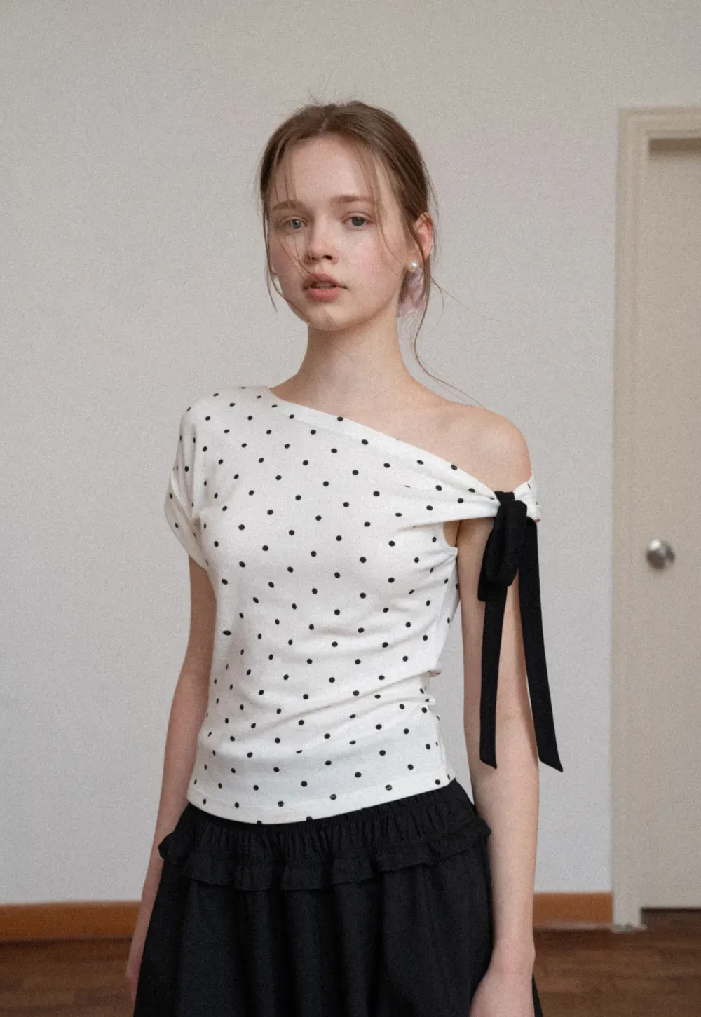 Polka dot one shoulder top with bow detail