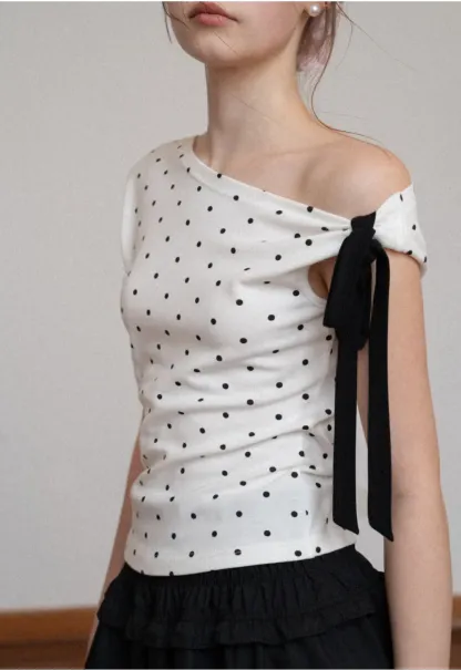 Polka dot one shoulder top with bow detail