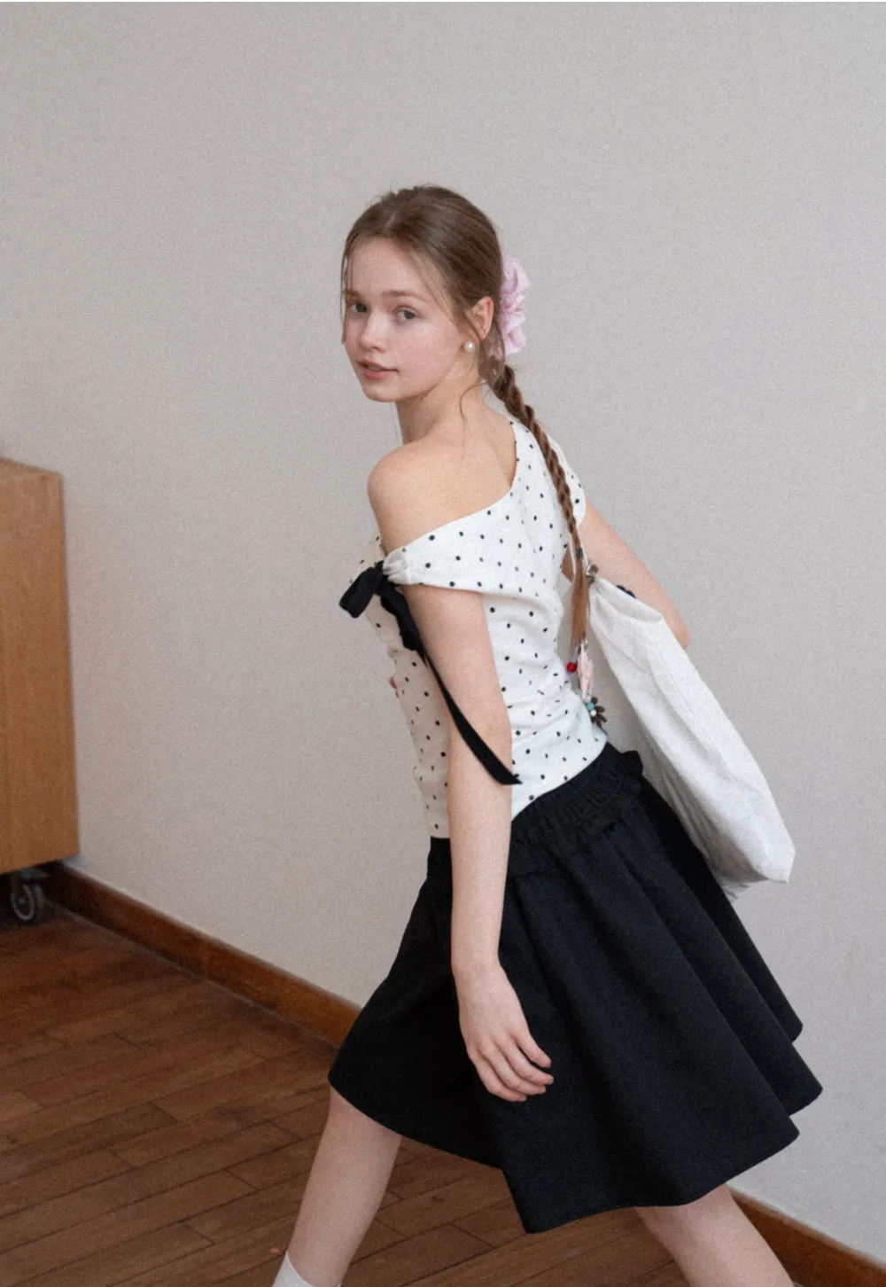 Polka dot one shoulder top with bow detail