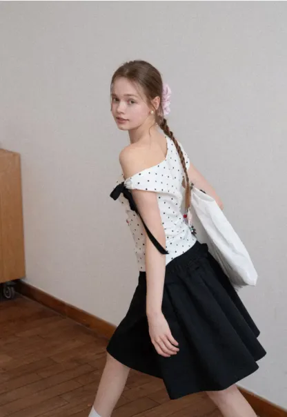 Polka dot one shoulder top with bow detail