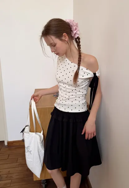 Polka dot one shoulder top with bow detail