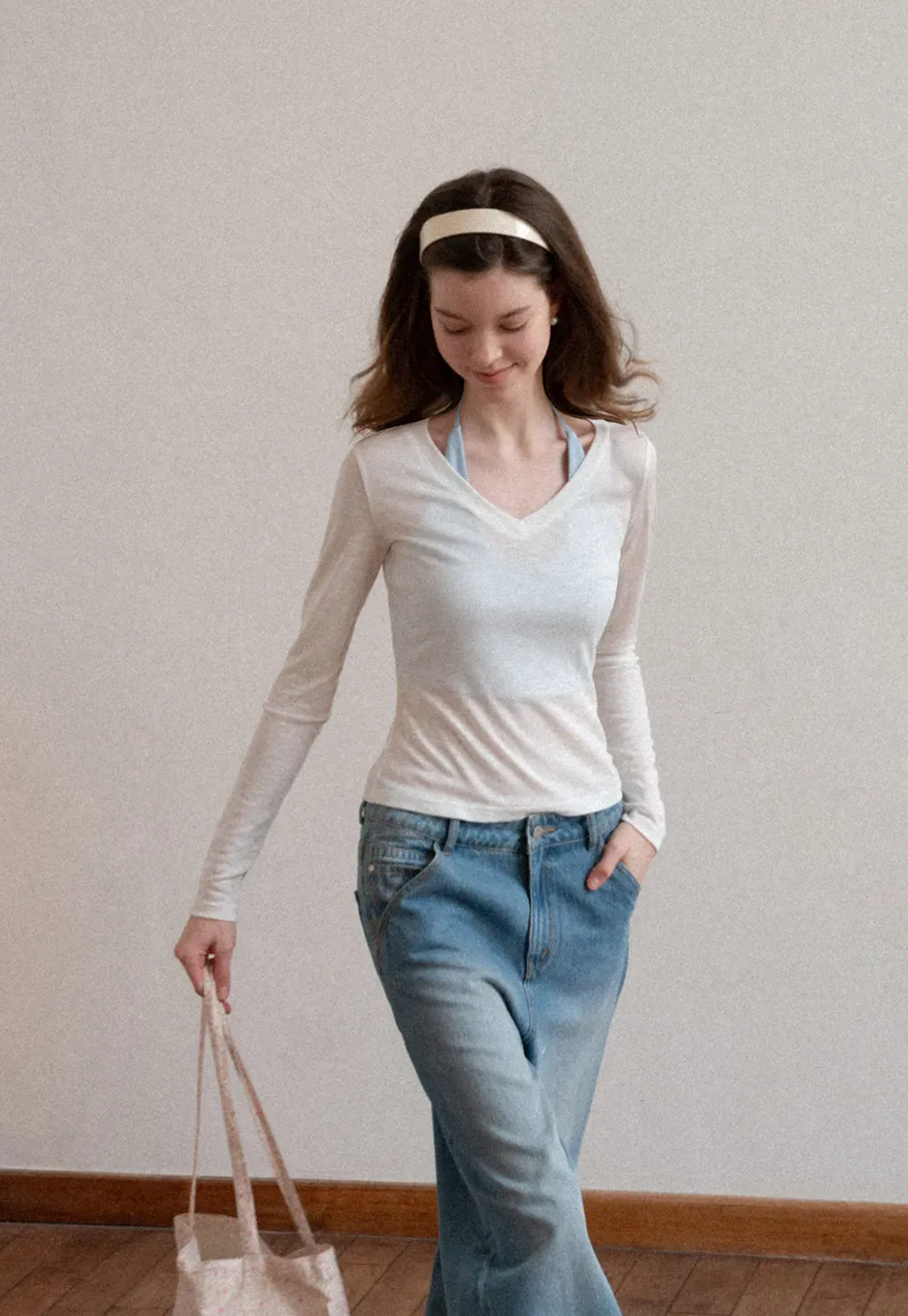 Long sleeve V neck T shirt with layered neckline