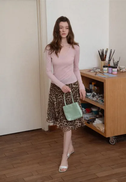 Long sleeve V neck T shirt with layered neckline